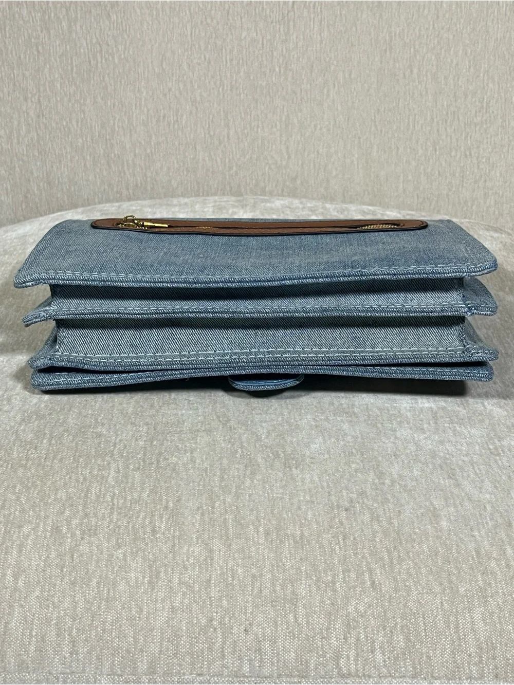 Coach Light Blue Denim Crystal-Embellished Clutch with Gold 'C'